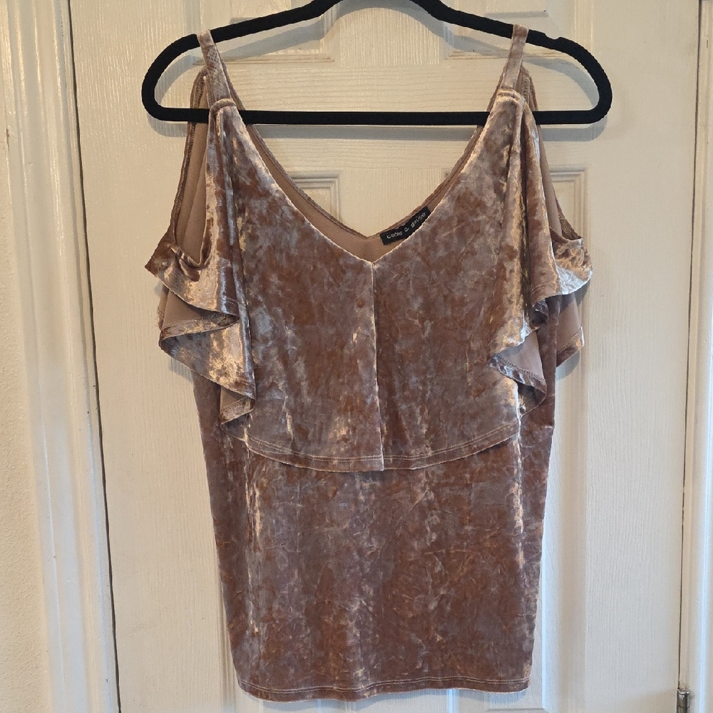 Cable & Gauge Velvet Ruffle Cold Shoulder Top - Brown